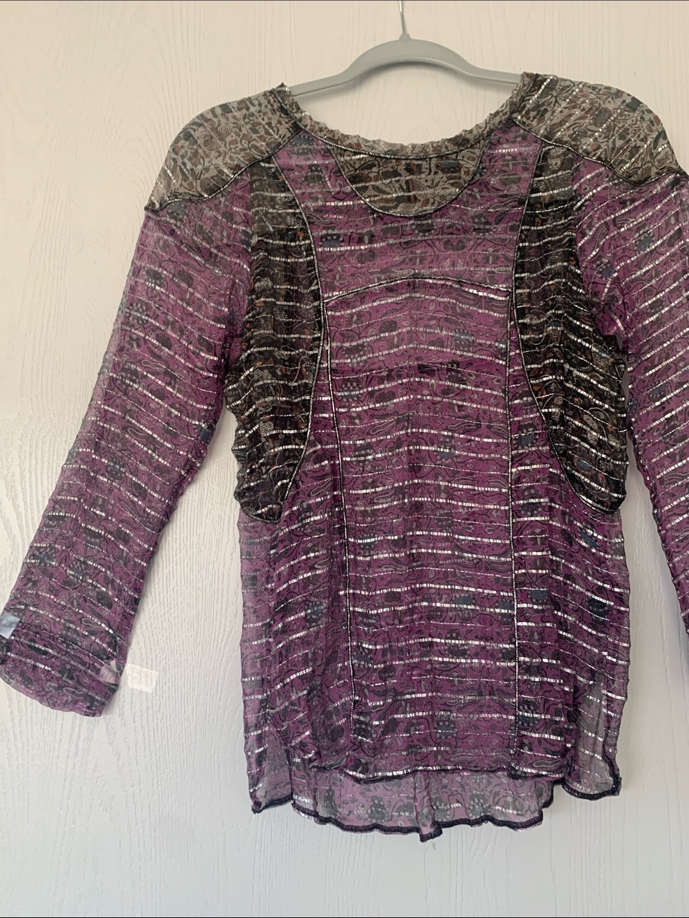 Women's Purple Metallic-Striped Long Sleeve Top